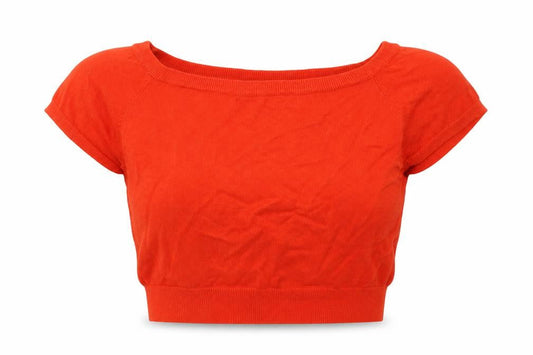 Front view of Atmosphere women’s orange viscose cropped t-shirt, size UK 10, boat neck