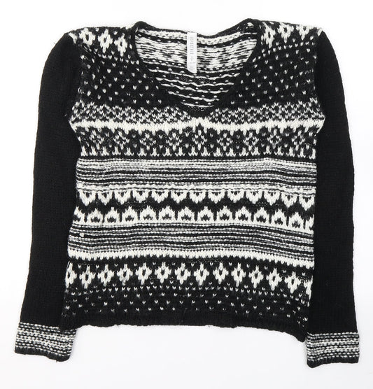 Aeropostale Womens Black V-Neck Geometric Acrylic Pullover Jumper Size S