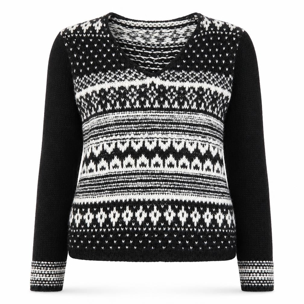 Front view of Aeropostale women’s black v-neck geometric acrylic jumper, size S