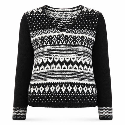 Front view of Aeropostale women’s black v-neck geometric acrylic jumper, size S