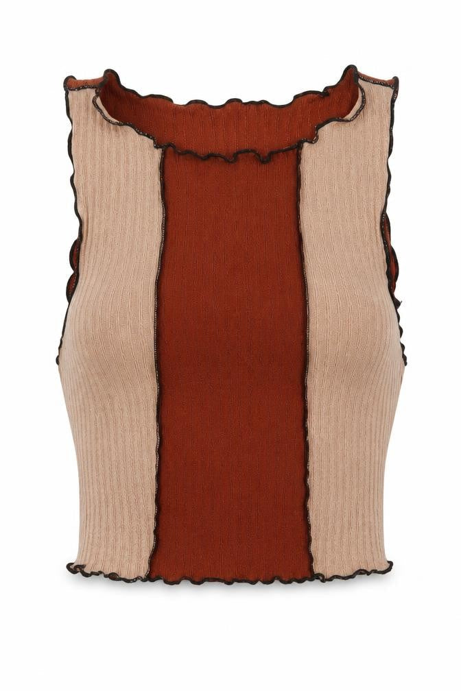 Front view of SHEIN women’s brown polyester cropped tank, size XS, round neck