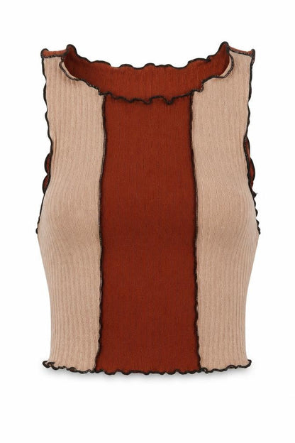 Front view of SHEIN women’s brown polyester cropped tank, size XS, round neck