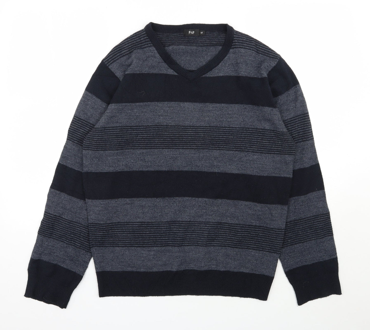 F&F Mens Blue V-Neck Striped Acrylic Pullover Jumper Size M