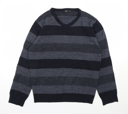 F&F Mens Blue V-Neck Striped Acrylic Pullover Jumper Size M