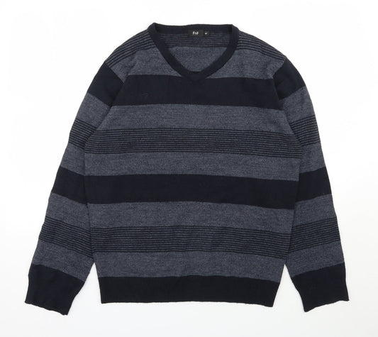 F&F Mens Blue V-Neck Striped Acrylic Pullover Jumper Size M