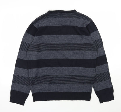 F&F Mens Blue V-Neck Striped Acrylic Pullover Jumper Size M