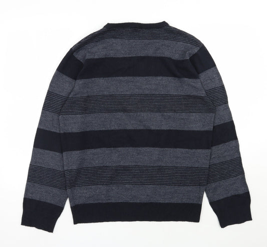 F&F Mens Blue V-Neck Striped Acrylic Pullover Jumper Size M