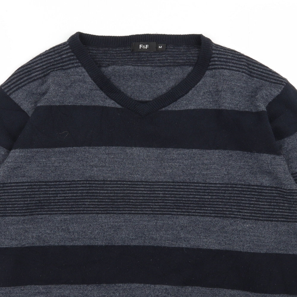 F&F Mens Blue V-Neck Striped Acrylic Pullover Jumper Size M