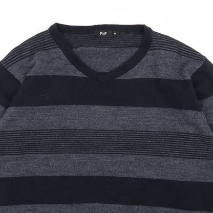 F&F Mens Blue V-Neck Striped Acrylic Pullover Jumper Size M