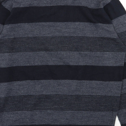 F&F Mens Blue V-Neck Striped Acrylic Pullover Jumper Size M