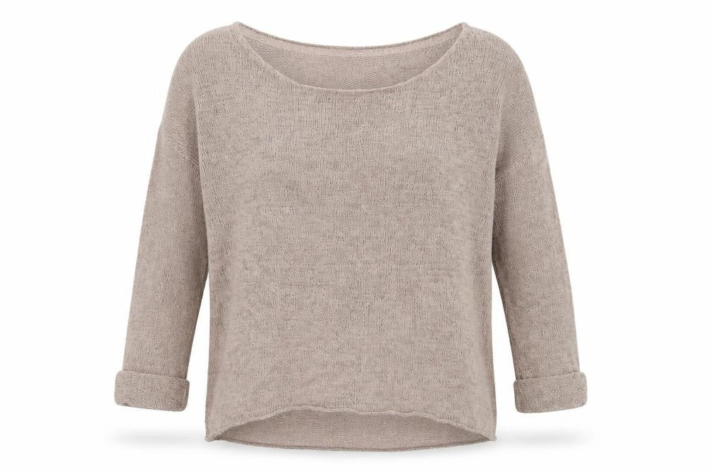 Front view of H&M women’s beige round neck acrylic jumper, size S
