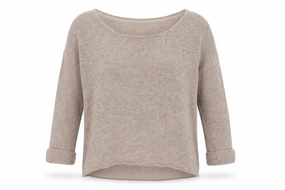 Front view of H&M women’s beige round neck acrylic jumper, size S