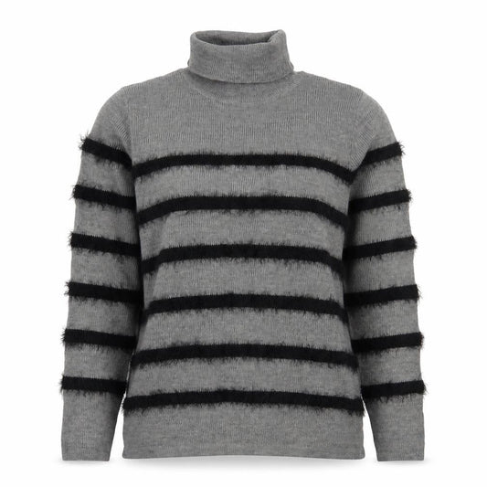 Front view of Therapy women’s grey roll neck striped acrylic jumper, size M