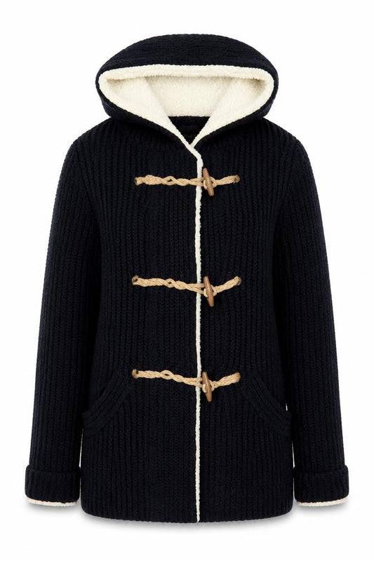 Front view of Lara knit women’s blue round neck polyester cardigan jumper, size S