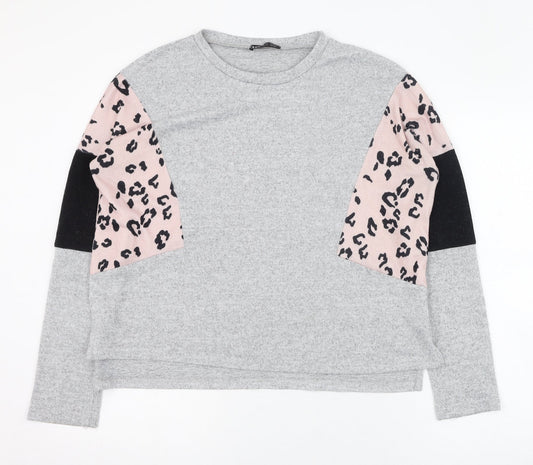 SheIn Womens Grey Round Neck Animal Print Polyester Pullover Jumper Size 8