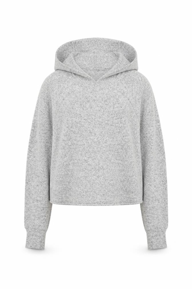 Front view of H&M women’s grey polyester pullover hoodie, size UK 4, pullover