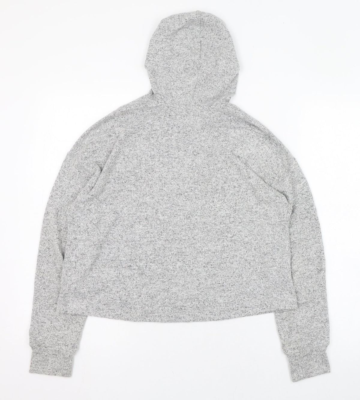Back view of H&M women’s grey polyester pullover hoodie, size UK 4, pullover