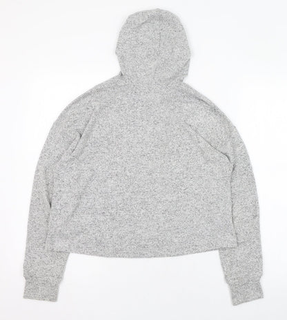 Back view of H&M women’s grey polyester pullover hoodie, size UK 4, pullover