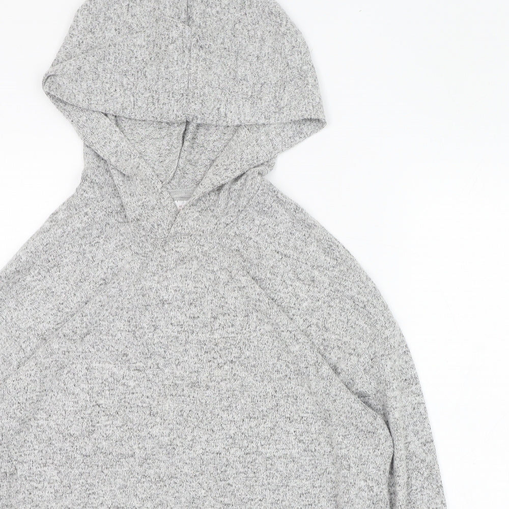 Close-up detail of H&M women’s grey polyester pullover hoodie, size UK 4, pullover