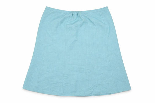 Front view of EWM women’s blue polyester a-line skirt, size UK 18, zip