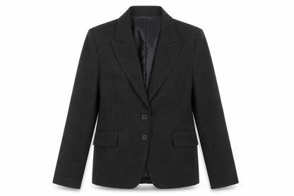 Front view of Simply Be women’s black striped polyester jacket suit jacket, size UK 14, - shoulder pads