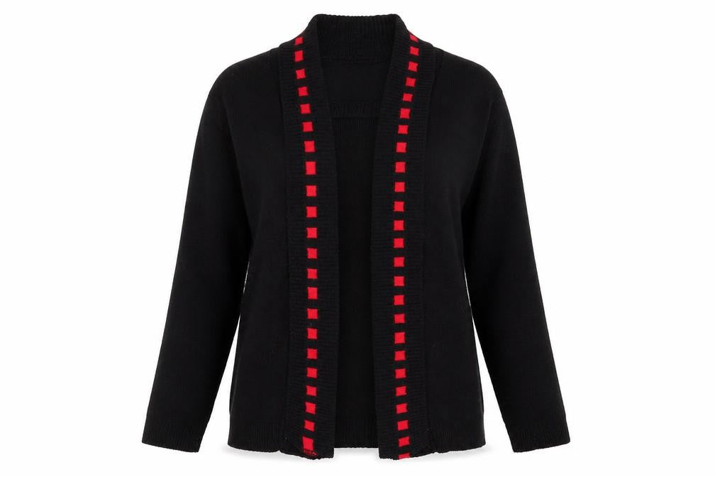 Front view of Qu7 women’s black boat neck acrylic jumper, size M, - m/l jumper/cardigan 2 in 1