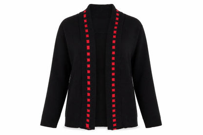 Front view of Qu7 women’s black boat neck acrylic jumper, size M, - m/l jumper/cardigan 2 in 1