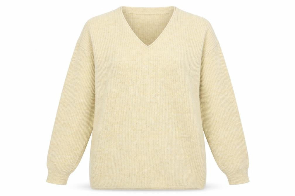 Front view of WICO women’s yellow v-neck acrylic jumper, size M