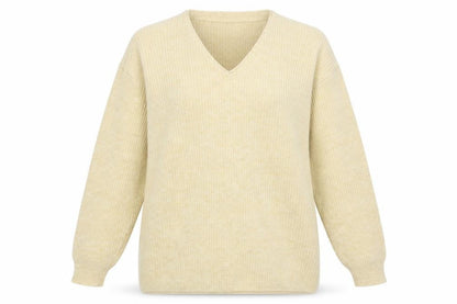 Front view of WICO women’s yellow v-neck acrylic jumper, size M