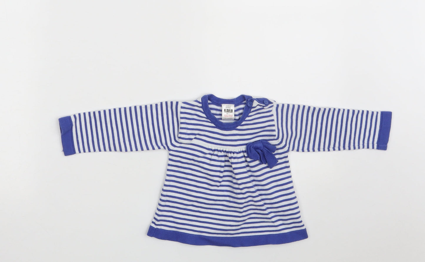 Zara Girls Blue Striped Cotton Jumper Dress  Size 9-12 Months  Round Neck Button