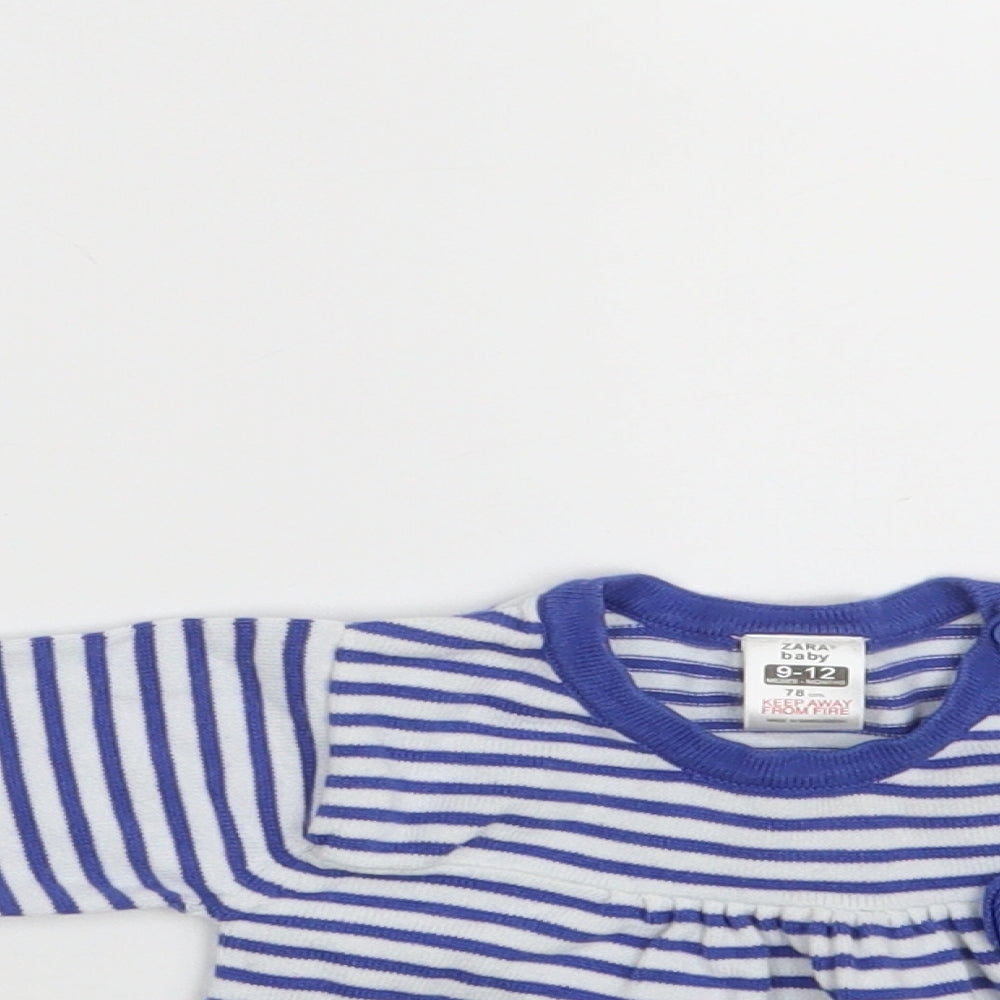 Zara Girls Blue Striped Cotton Jumper Dress  Size 9-12 Months  Round Neck Button