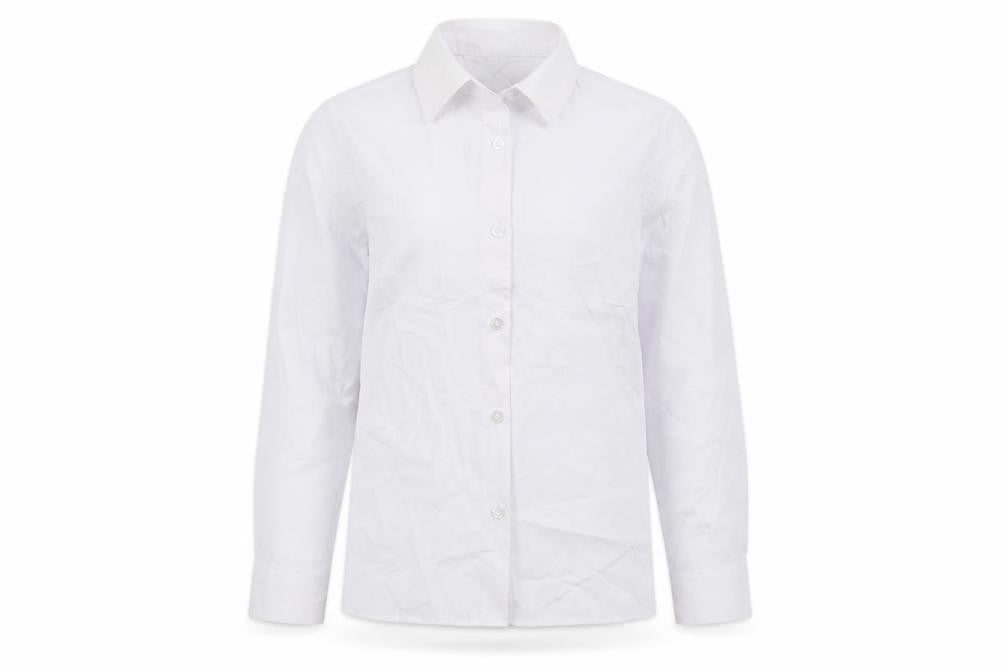 Front view of Marks & Spencer girls’ white polyester basic button-up, size 8-9, years collared button - school wear