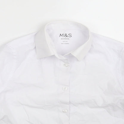 Close-up detail of Marks & Spencer girls’ white polyester basic button-up, size 8-9, years collared button - school wear