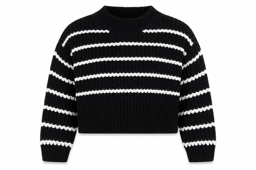 Front view of New Look girls’ black round neck striped acrylic jumper, size 9, years - cropped