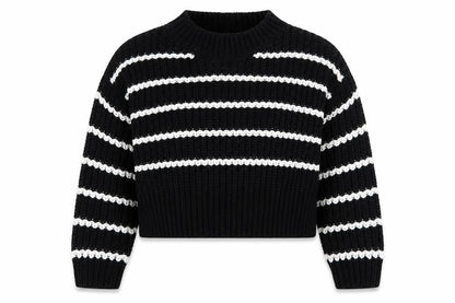 Front view of New Look girls’ black round neck striped acrylic jumper, size 9, years - cropped