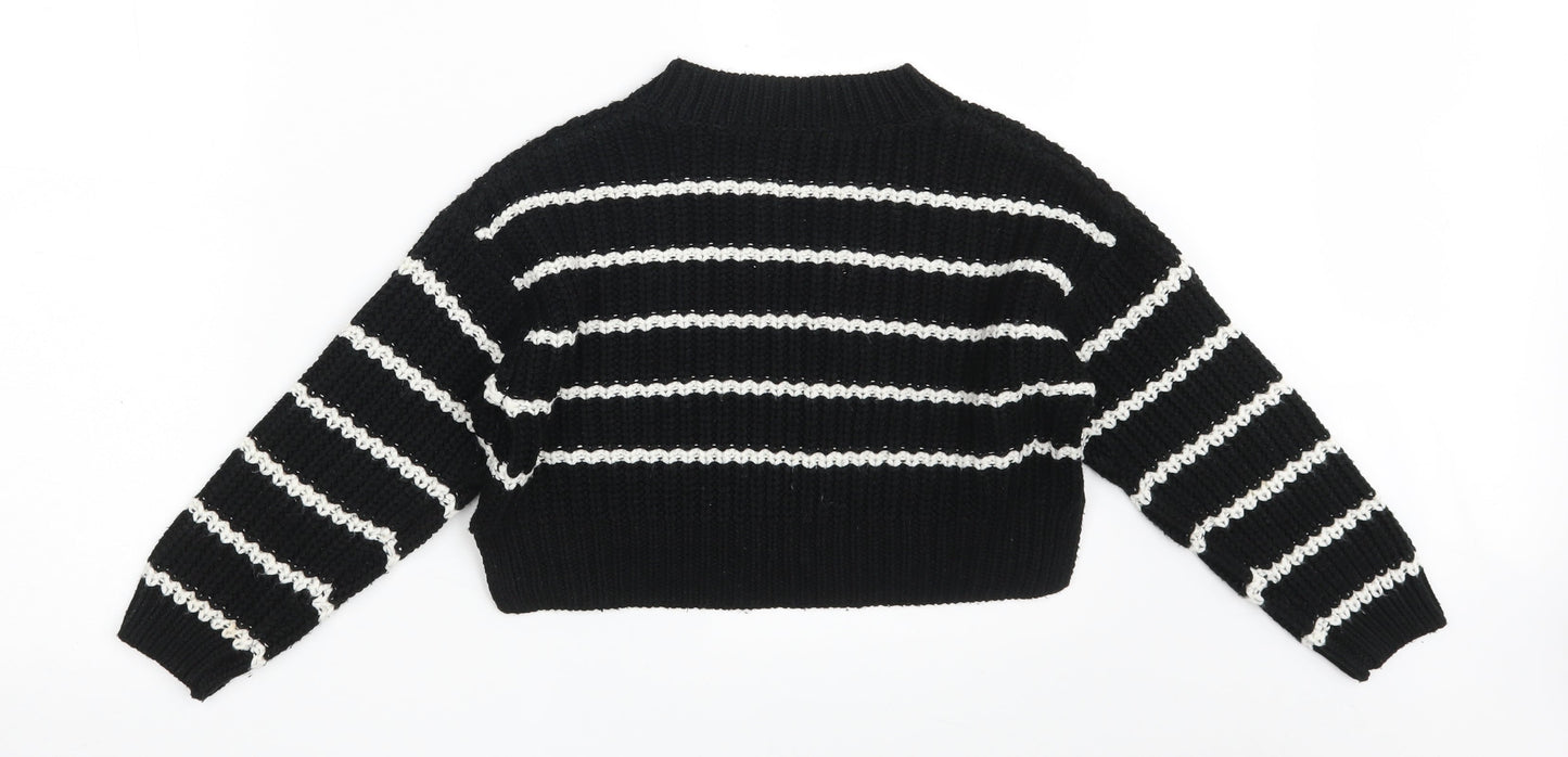 New Look Girls Black Round Neck Striped Acrylic Pullover Jumper Size 9 Years   - Cropped