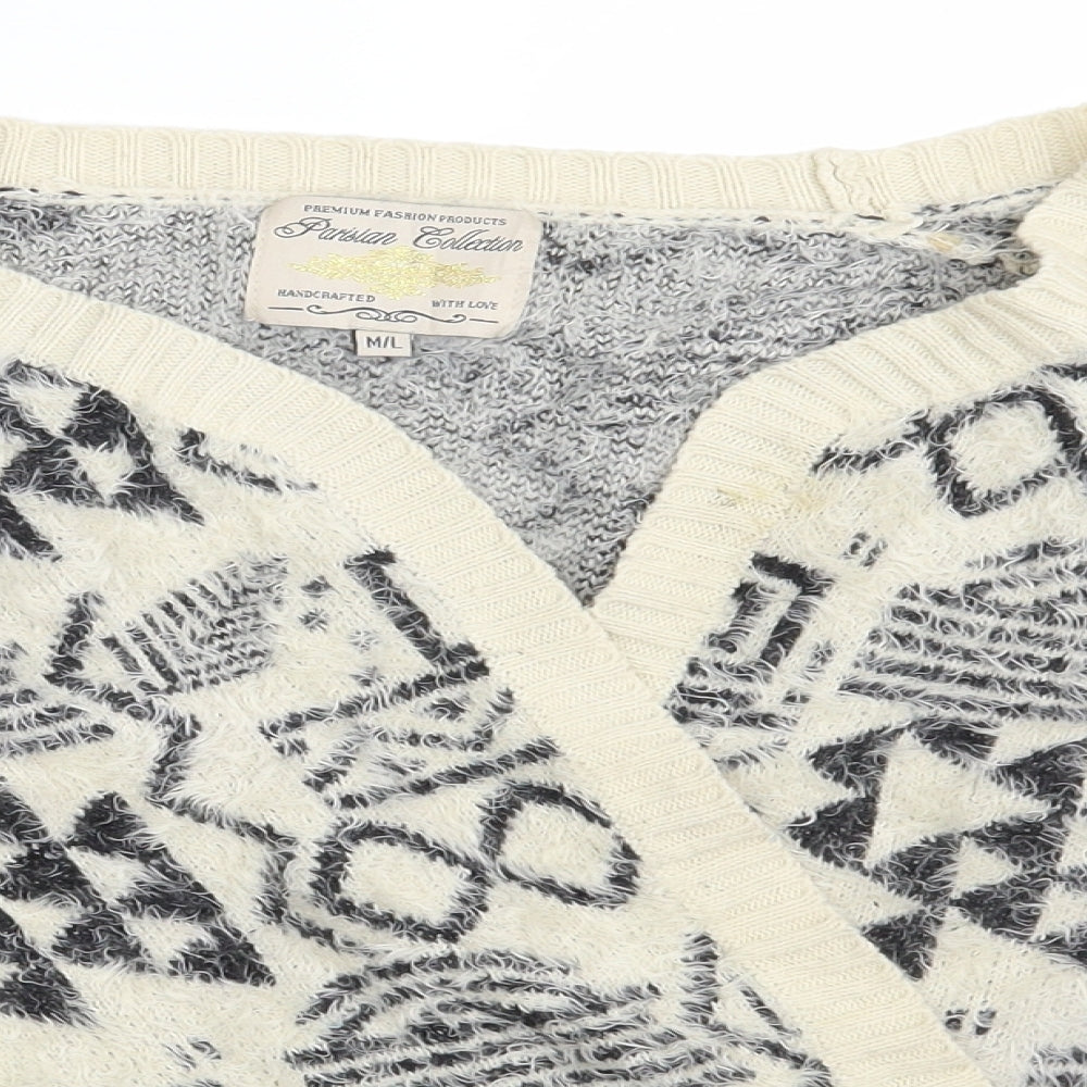 Parisian Collection  Womens Beige V-Neck Geometric Acrylic Wrap Jumper Size M   - Size M-L
