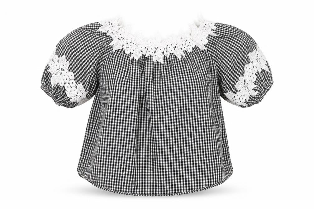 Front view of Preworn women’s black check cotton basic blouse, size M, off the shoulder - lace detail