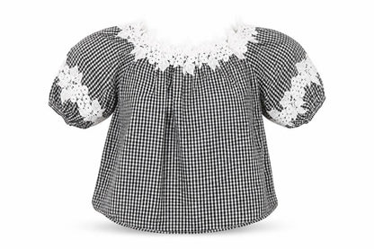 Front view of Preworn women’s black check cotton basic blouse, size M, off the shoulder - lace detail