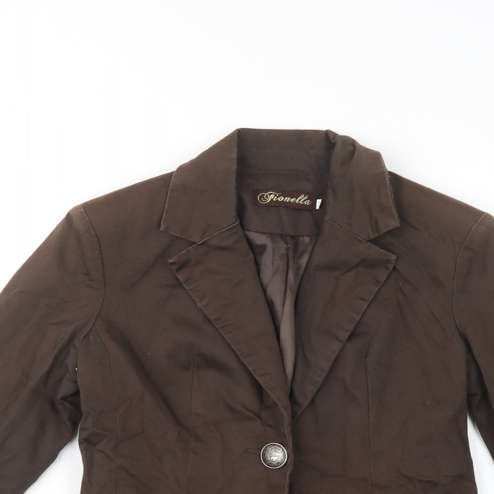 Close-up detail of Fionella women’s green jacket blazer, size XS, button