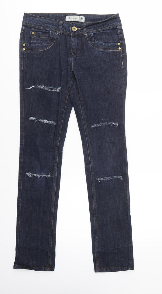 Additional front view of A Wear women’s blue cotton skinny jeans, size UK 8, 32-inch leg regular button