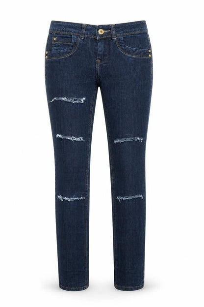 Front view of A Wear women’s blue cotton skinny jeans, size UK 8, 32-inch leg regular button