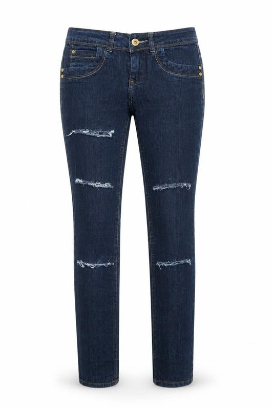 Front view of A Wear women’s blue cotton skinny jeans, size UK 8, 32-inch leg regular button