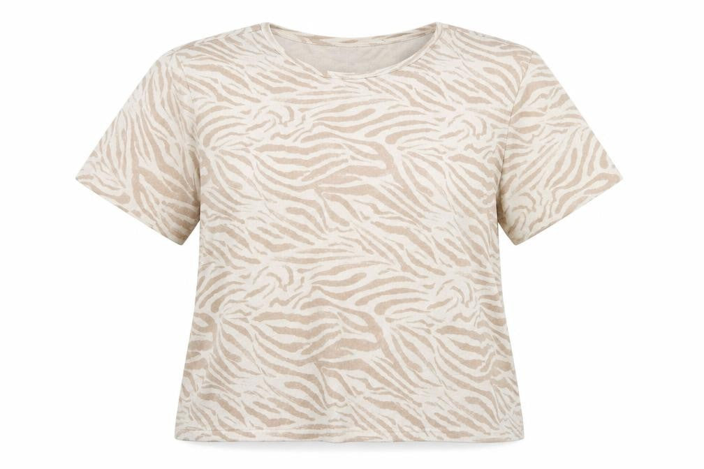 Front view of H&M women’s beige round neck animal print viscose jumper, size XL