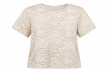 Front view of H&M women’s beige round neck animal print viscose jumper, size XL