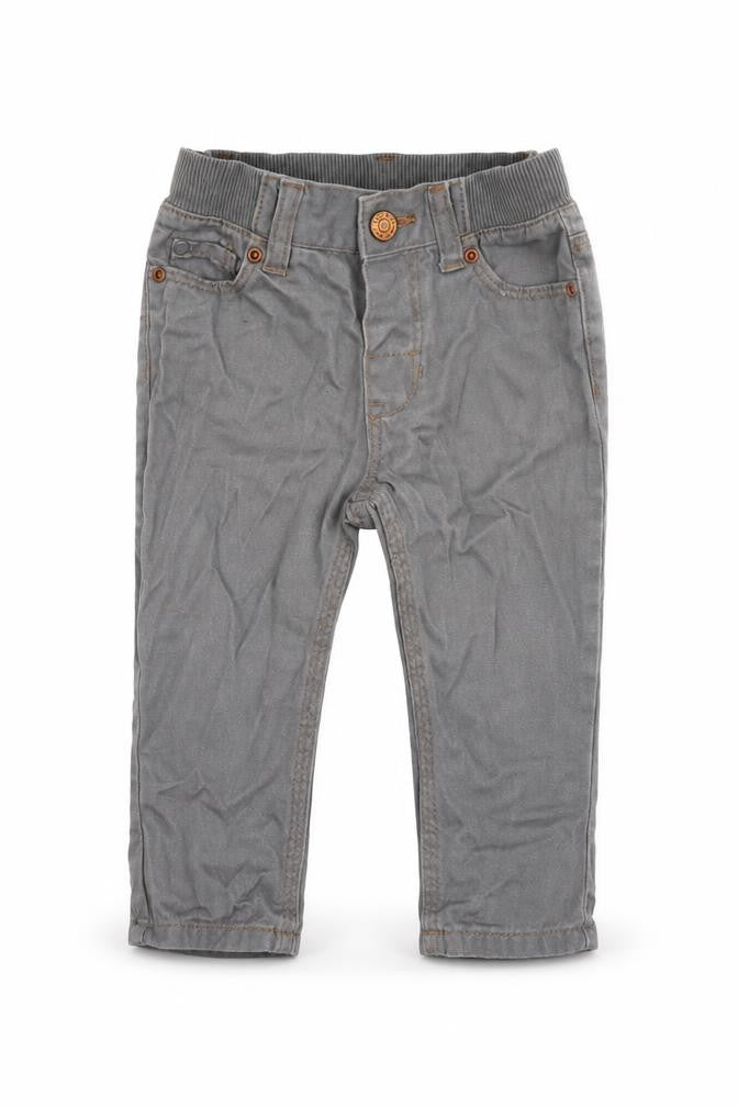Front view of H&M boys’ grey 100% cotton jogger jeans, size 6-9, months button