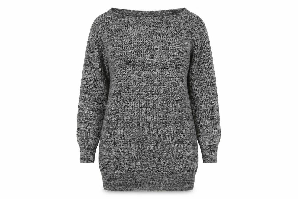 Front view of Be Jealous women’s grey acrylic jumper dress, size S, off the shoulder pullover