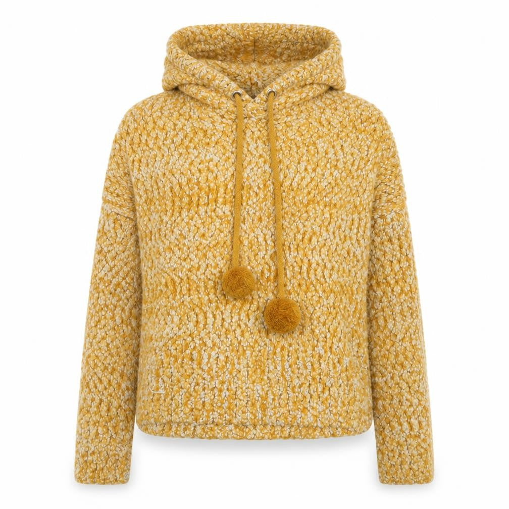 Front view of Yet Again women’s yellow polyester pullover hoodie, size S, pullover