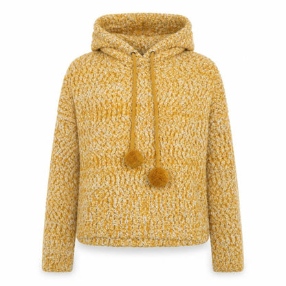 Front view of Yet Again women’s yellow polyester pullover hoodie, size S, pullover