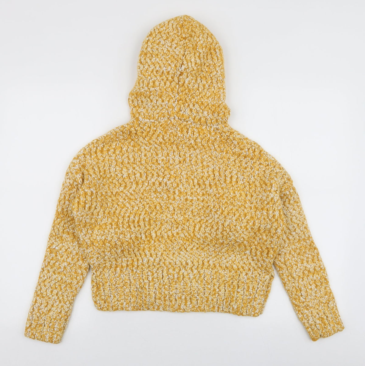 Back view of Yet Again women’s yellow polyester pullover hoodie, size S, pullover